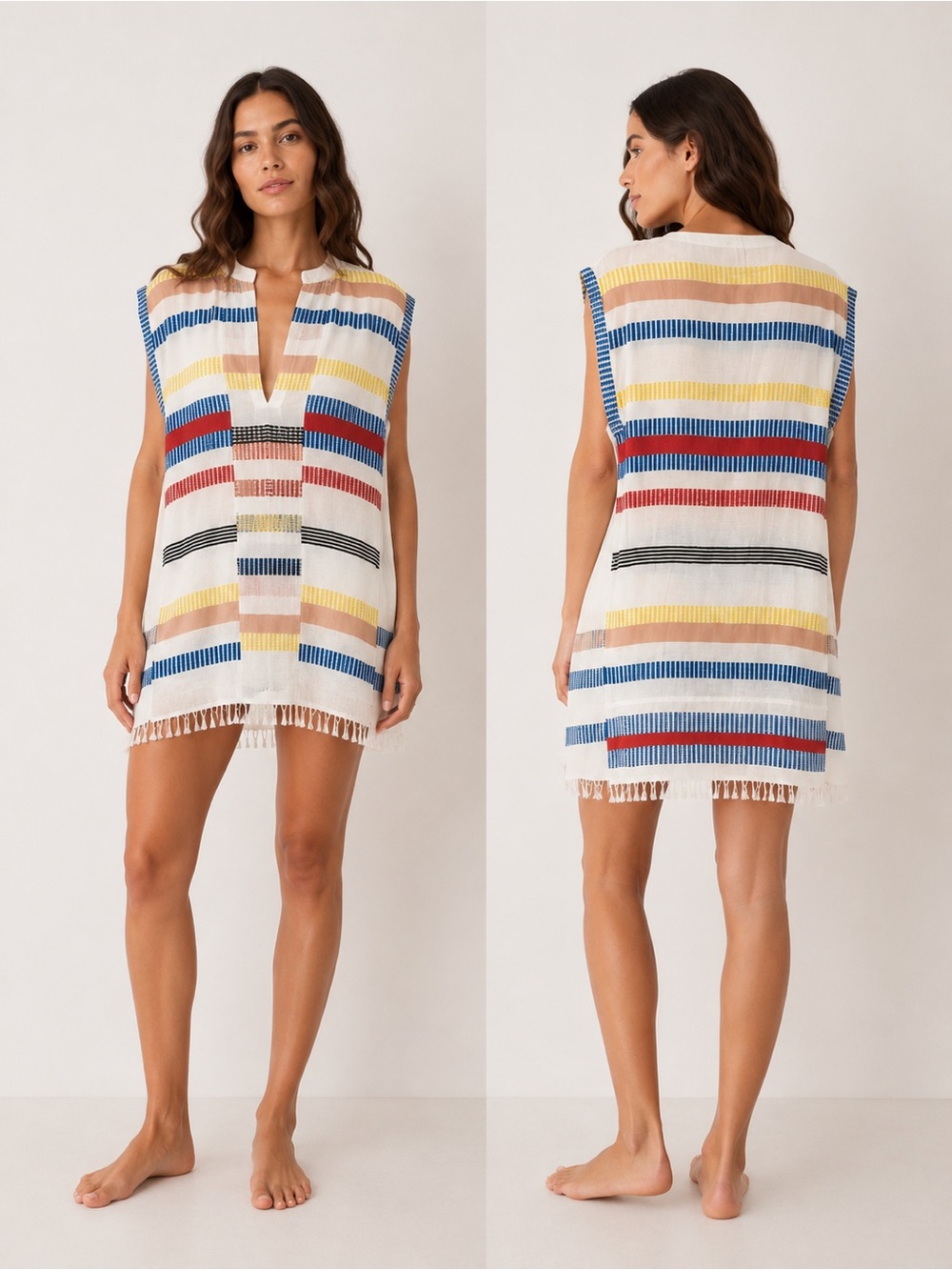 LemLem Elina Striped cotton blend caftan pop over mini dress